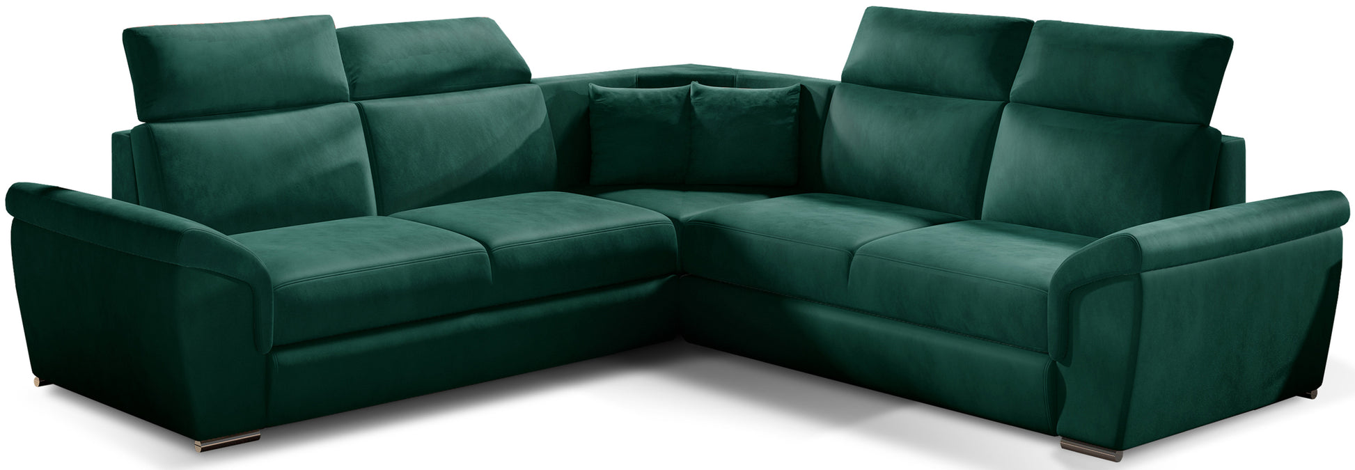 Narożnik Federico w tkaninie Monolith 37 zielony, układ uniwersalny, widok frontowy.