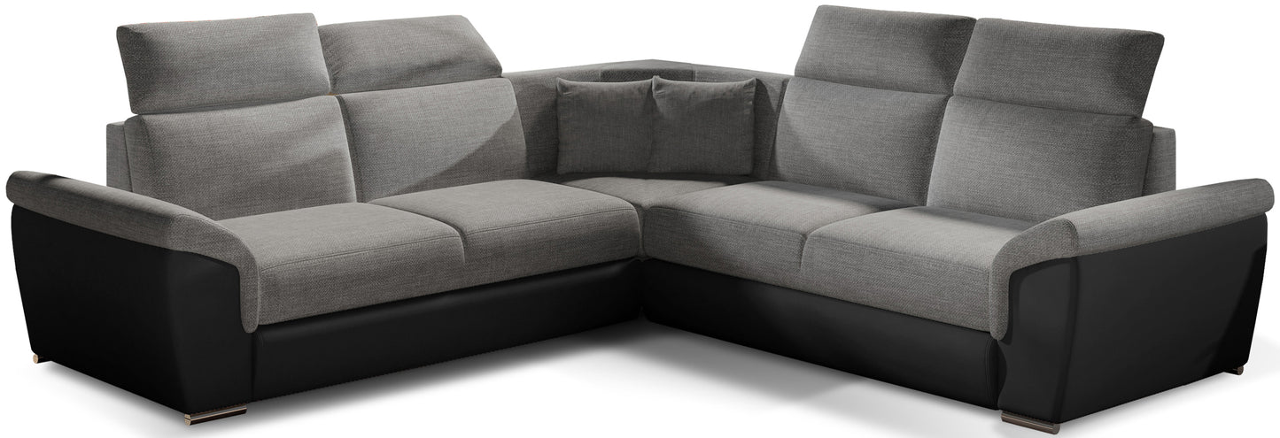 Narożnik Federico, tkanina Sawana 05 szary z czarnymi elementami Soft 11, układ uniwersalny, widok frontowy.