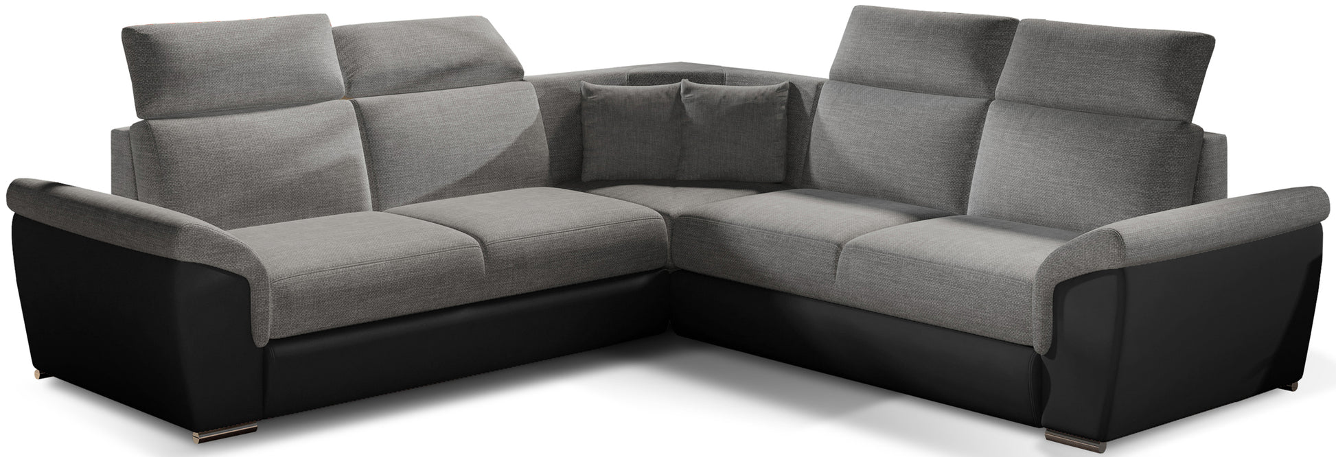 Narożnik Federico, tkanina Sawana 05 szary z czarnymi elementami Soft 11, układ uniwersalny, widok frontowy.