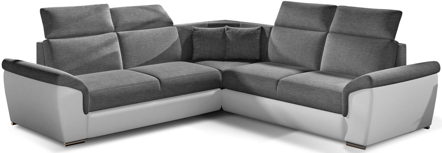 Narożnik Federico w tkaninie Sawana 05 szary z wstawkami Soft 17 biały, układ uniwersalny, widok frontowy.