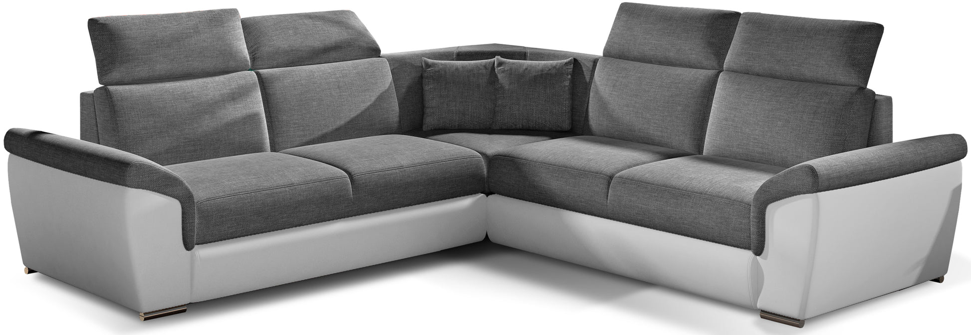 Narożnik Federico w tkaninie Sawana 05 szary z wstawkami Soft 17 biały, układ uniwersalny, widok frontowy.