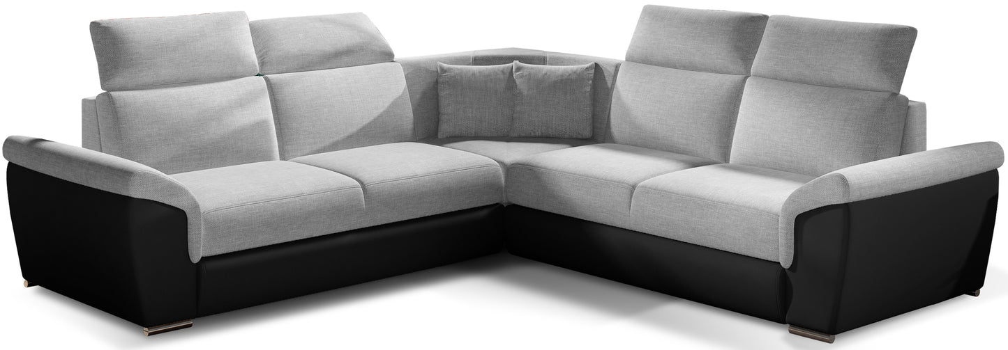 Narożnik Federico w tkaninie Sawana 21 jasnoszary z wstawkami Soft 11 czarny, układ uniwersalny, widok frontowy.