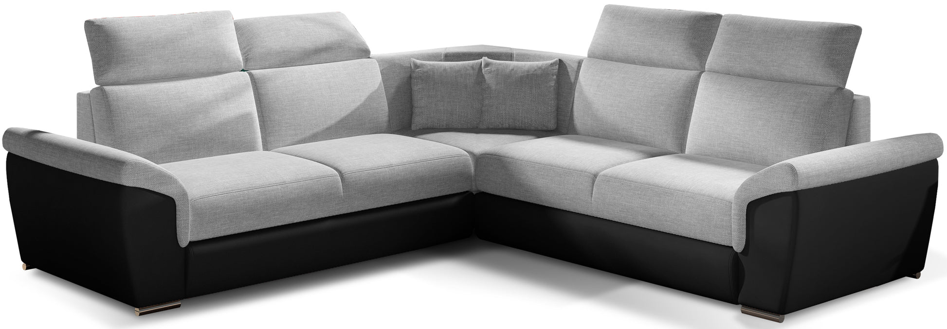 Narożnik Federico w tkaninie Sawana 21 jasnoszary z wstawkami Soft 11 czarny, układ uniwersalny, widok frontowy.