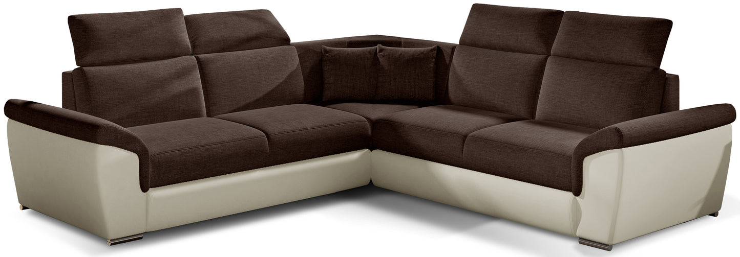 Narożnik Federico w tkaninie Sawana 26 brązowy z wstawkami Soft 33 beżowy, układ uniwersalny, widok frontowy.