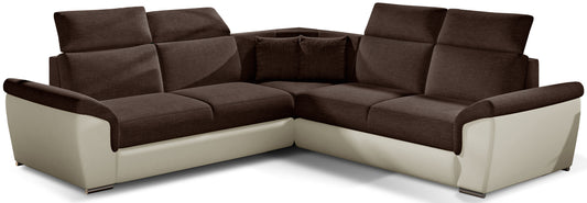 Narożnik Federico w tkaninie Sawana 26 brązowy z wstawkami Soft 33 beżowy, układ uniwersalny, widok frontowy.