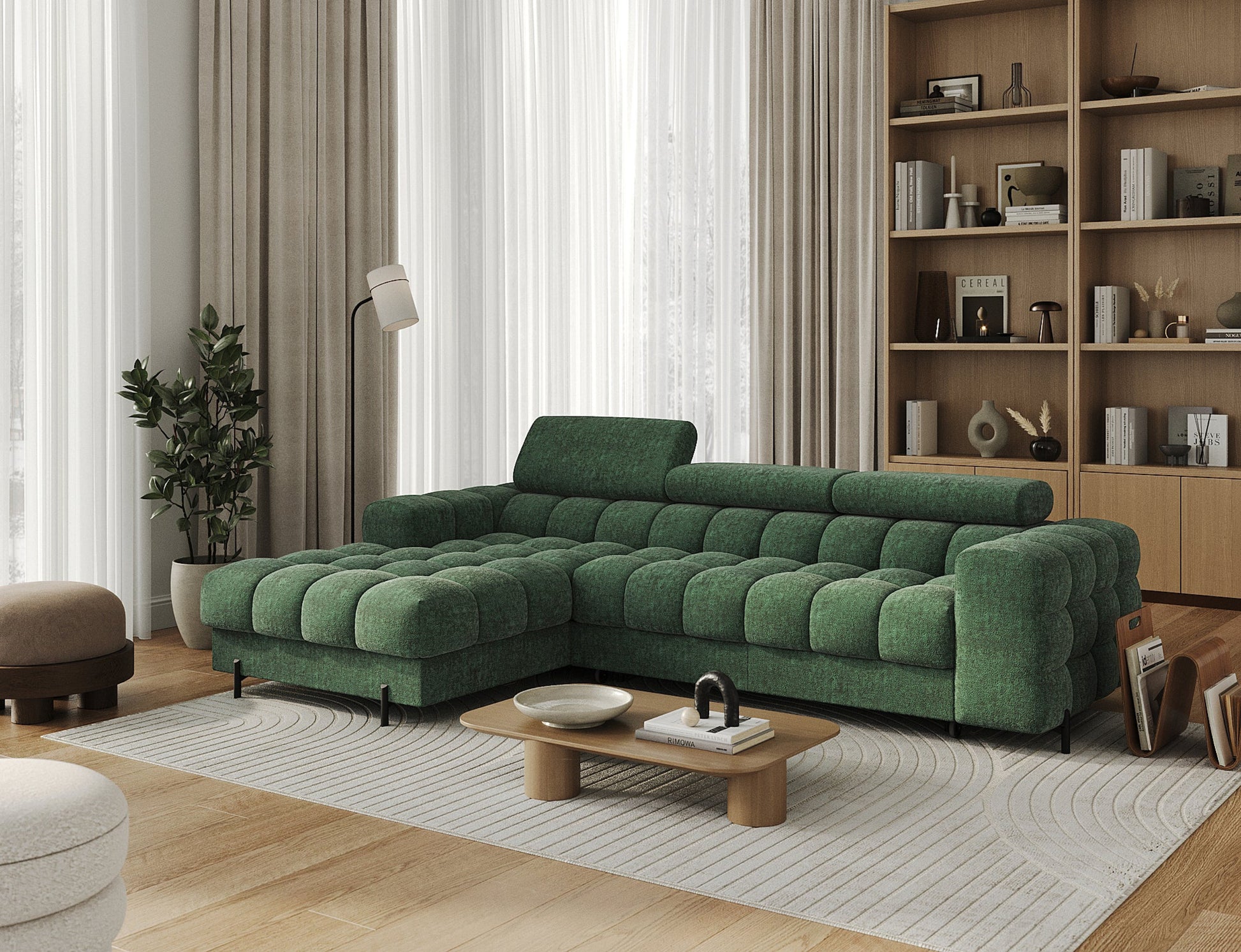Elegancki zielony narożnik Felro w nowoczesnym salonie. Designerski mebel o pikowanej tapicerce, idealny do stylowego wnętrza.