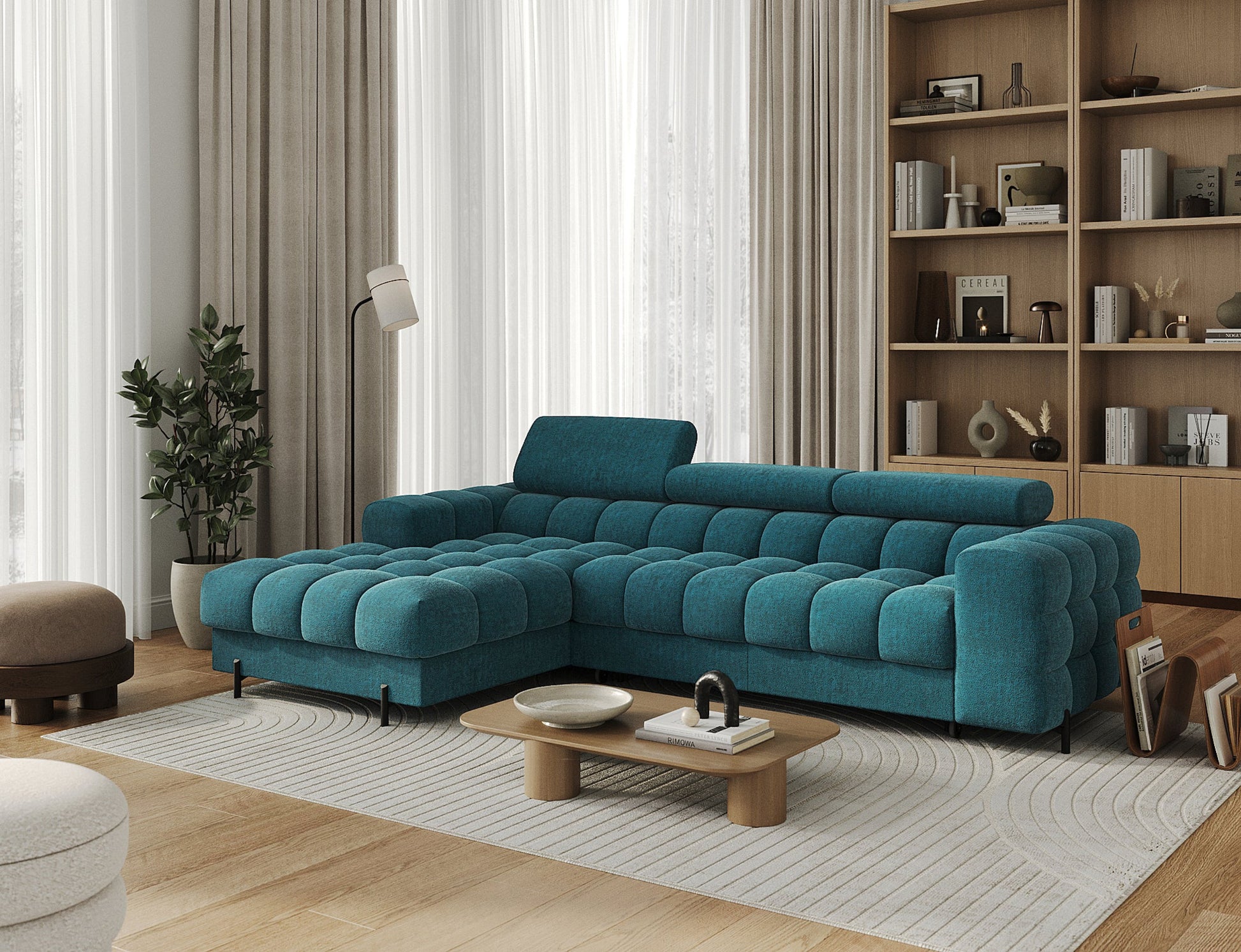 Niebieski narożnik Felro łączy nowoczesny design z komfortem. Pikowane siedziska i oparcia dodają elegancji i wygody każdemu wnętrzu.