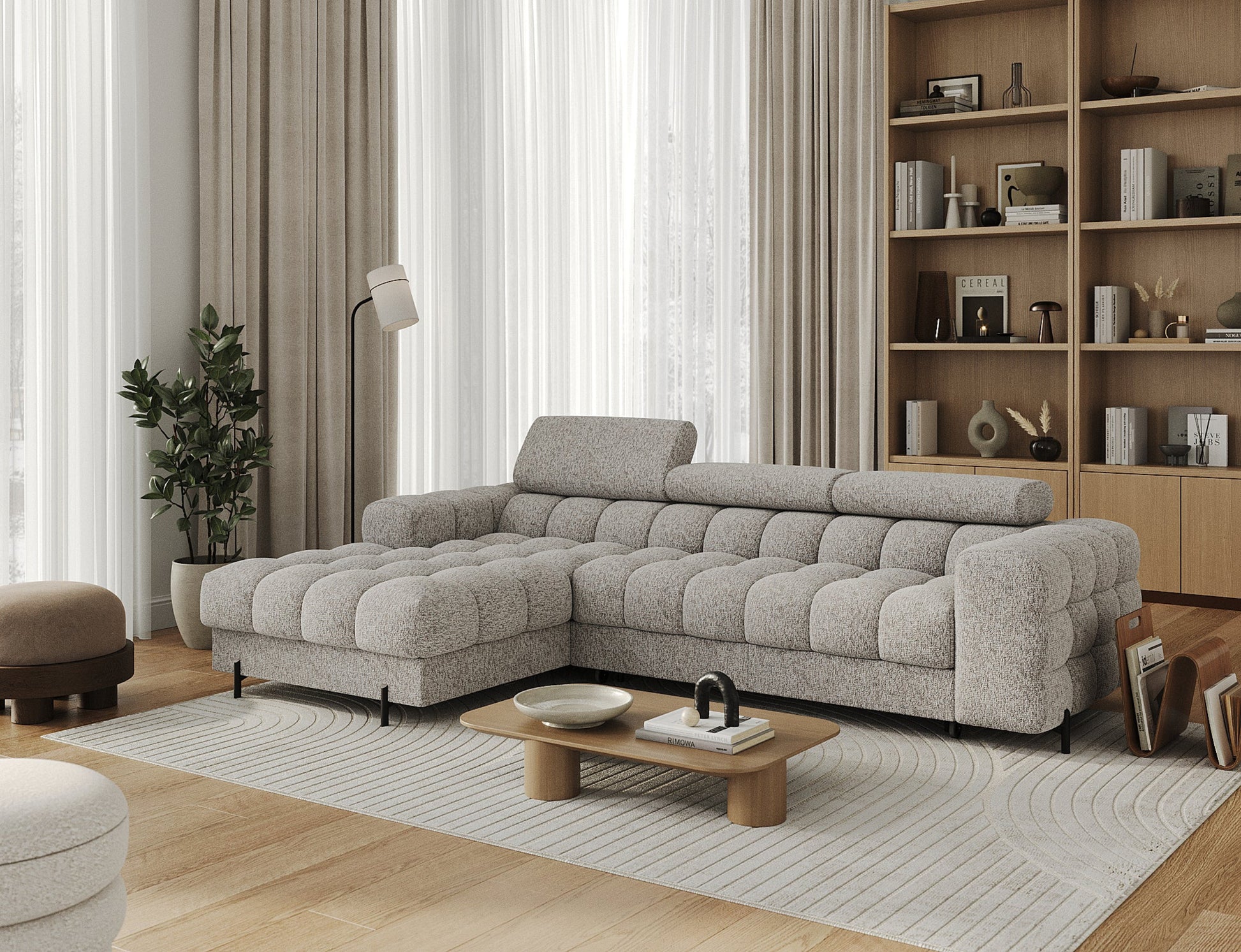 Narożnik Felro w tkaninie Pellerito 20 ciemnobeżowy w kreatywnej aranżacji, łączący nowoczesny design z funkcjonalnością, idealny do stylowego wnętrza.