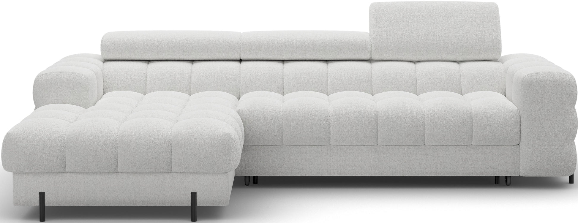 Narożnik Felro w jasnoszarej barwie, minimalistyczny design, funkcja spania Delfin, przestronne siedzisko i metalowe nogi.