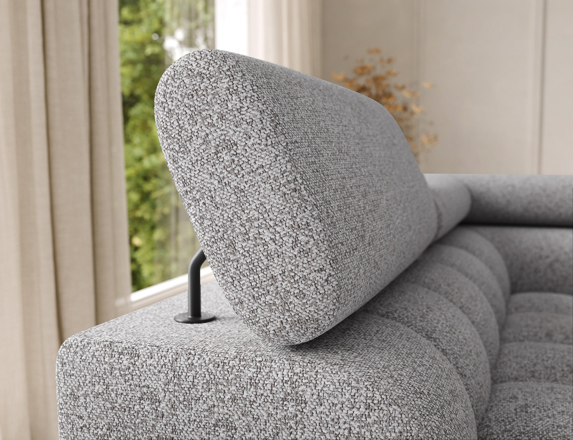 Zagłówek narożnika Feraria lewy w tkaninie Pellerito 03 jasnoszary – regulowany element dla lepszego komfortu i ergonomii.