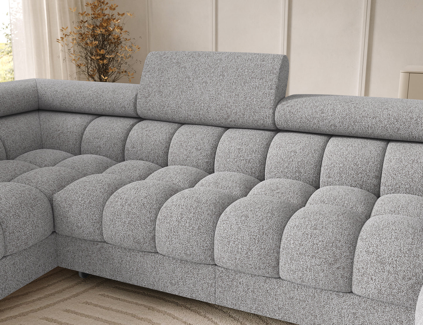 Oparcie narożnika Feraria lewy Pellerito 03 jasnoszary – wyprofilowane siedzisko i dekoracyjne pikowania dla komfortu.