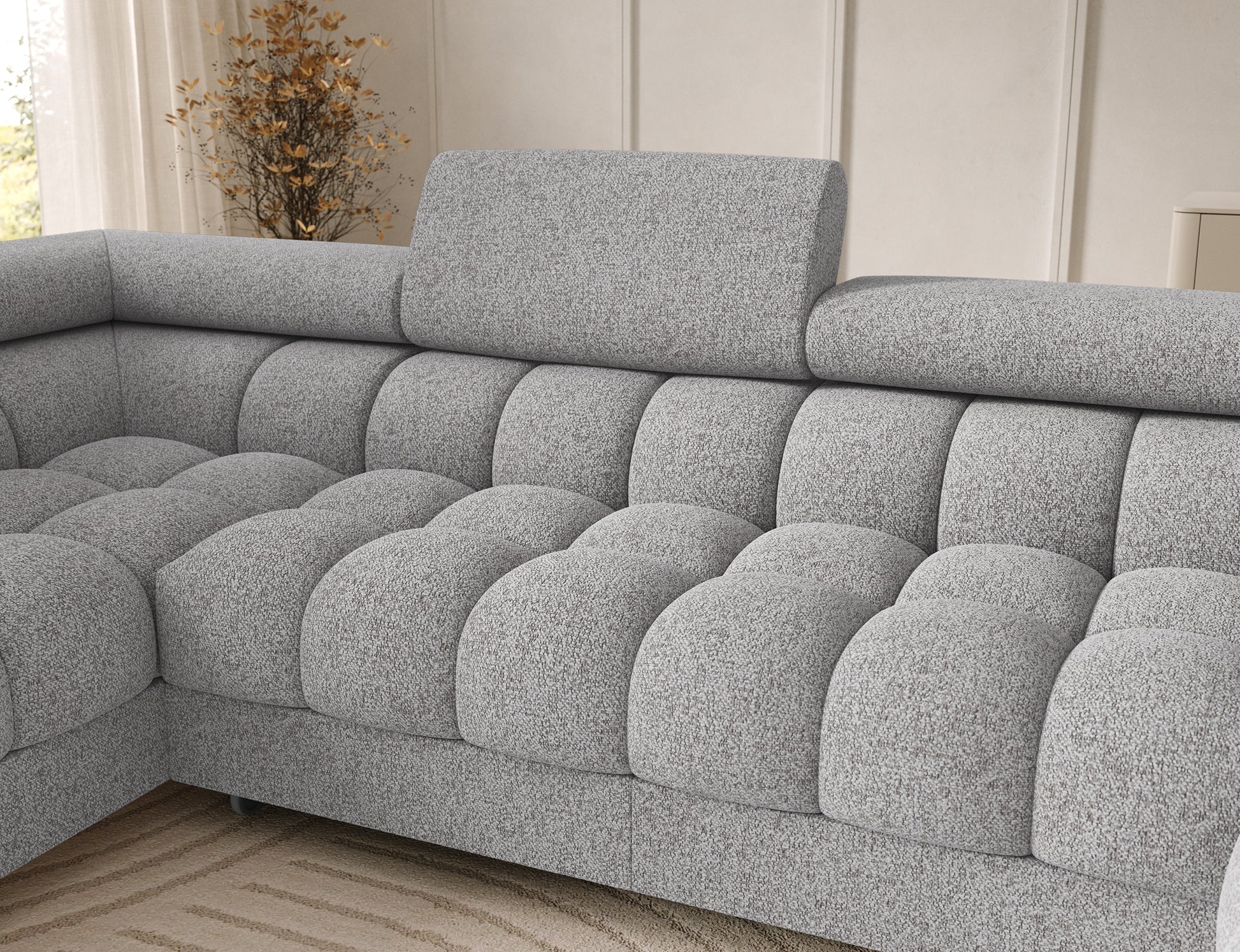 Oparcie narożnika Feraria lewy Pellerito 03 jasnoszary – wyprofilowane siedzisko i dekoracyjne pikowania dla komfortu.