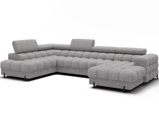 Narożnik Feraria lewy w tkaninie Pellerito 03 jasnoszary – widok skośny, nowoczesna bryła i eleganckie pikowania.