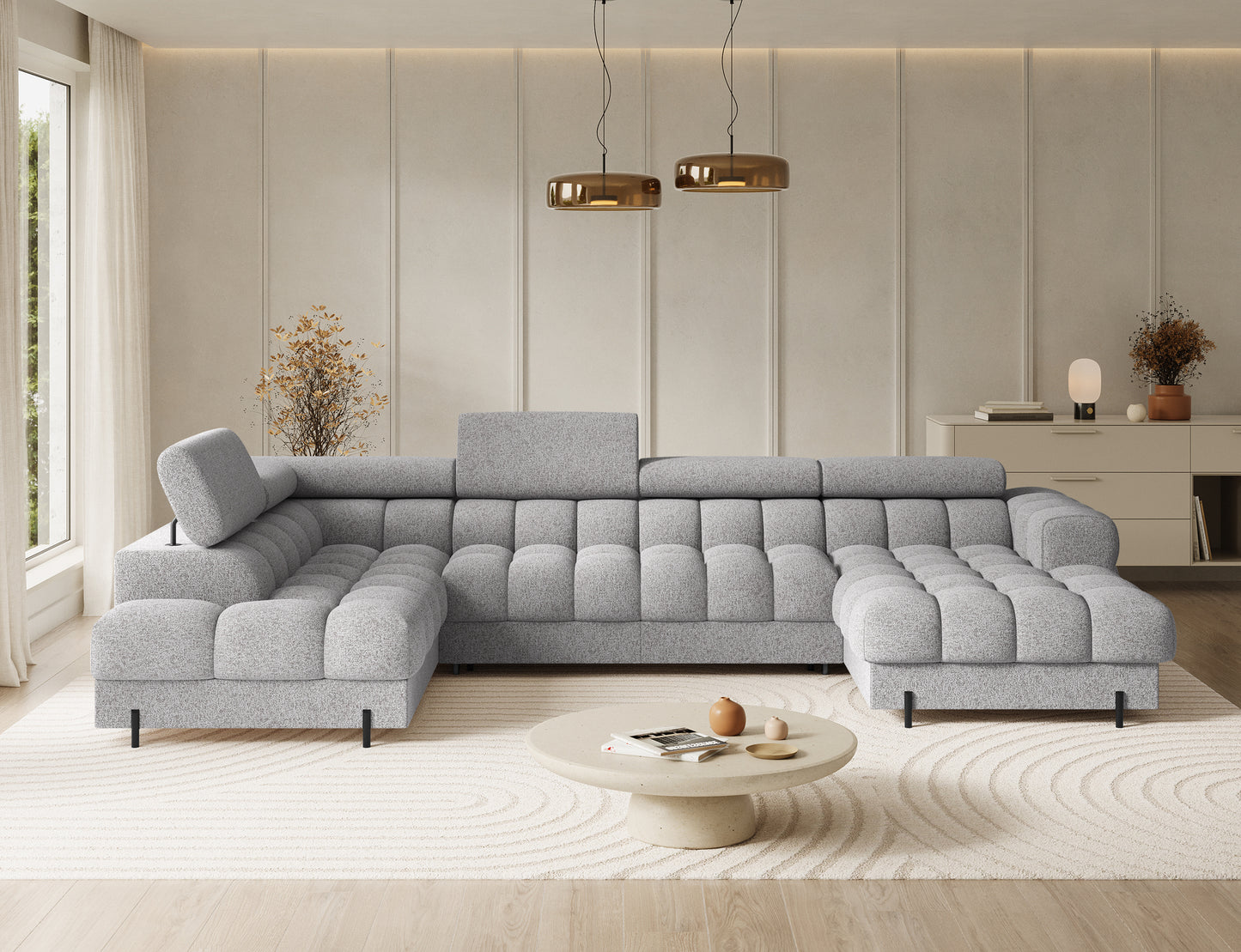 Narożnik Feraria lewy w tkaninie Pellerito 03 jasnoszary – frontalne ujęcie w aranżacji salonu, stylowy mebel do nowoczesnych wnętrz.