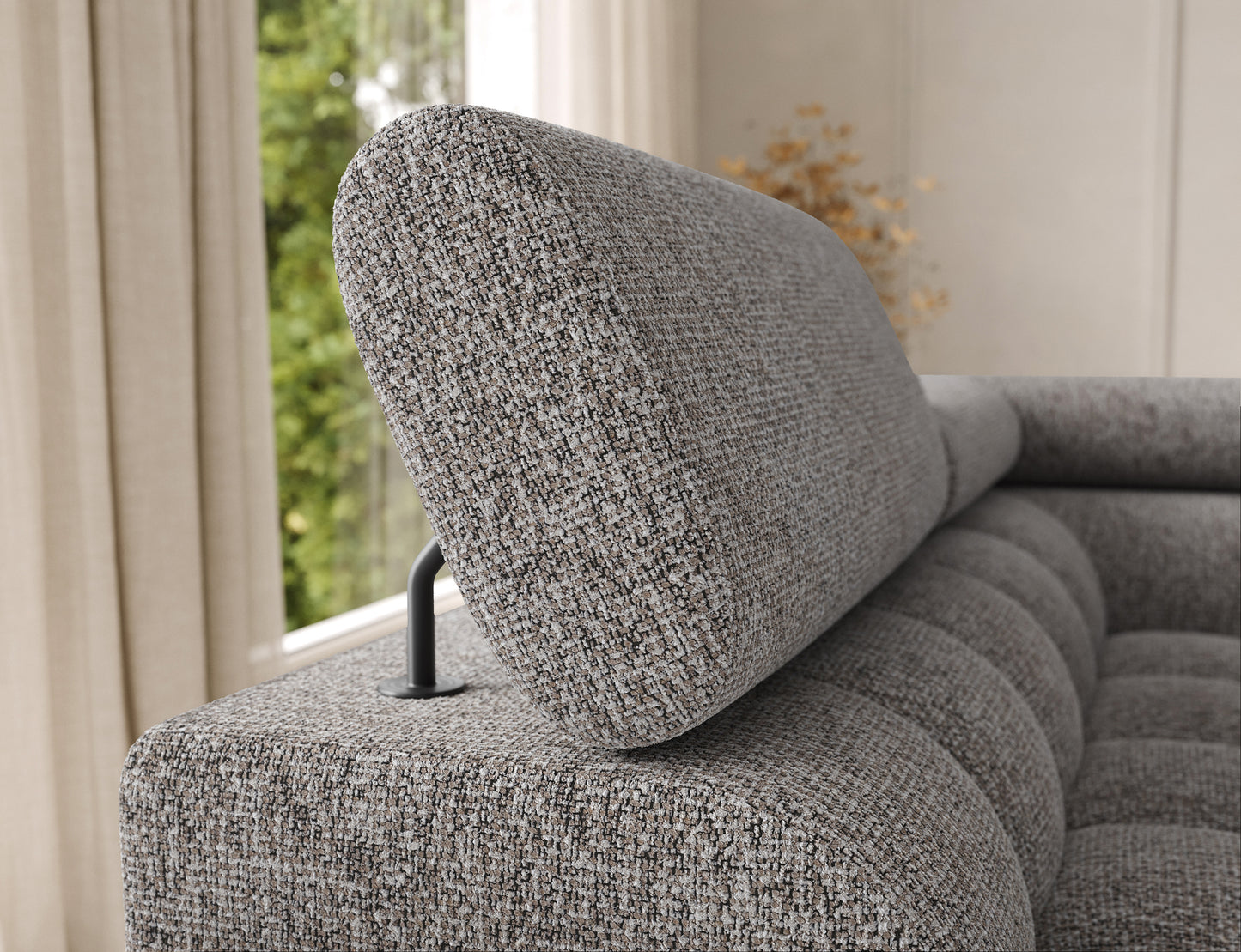 Zagłówek narożnika Feraria lewy w tkaninie Pellerito 20 ciemnobeżowy – regulowany element zwiększający komfort użytkowania.