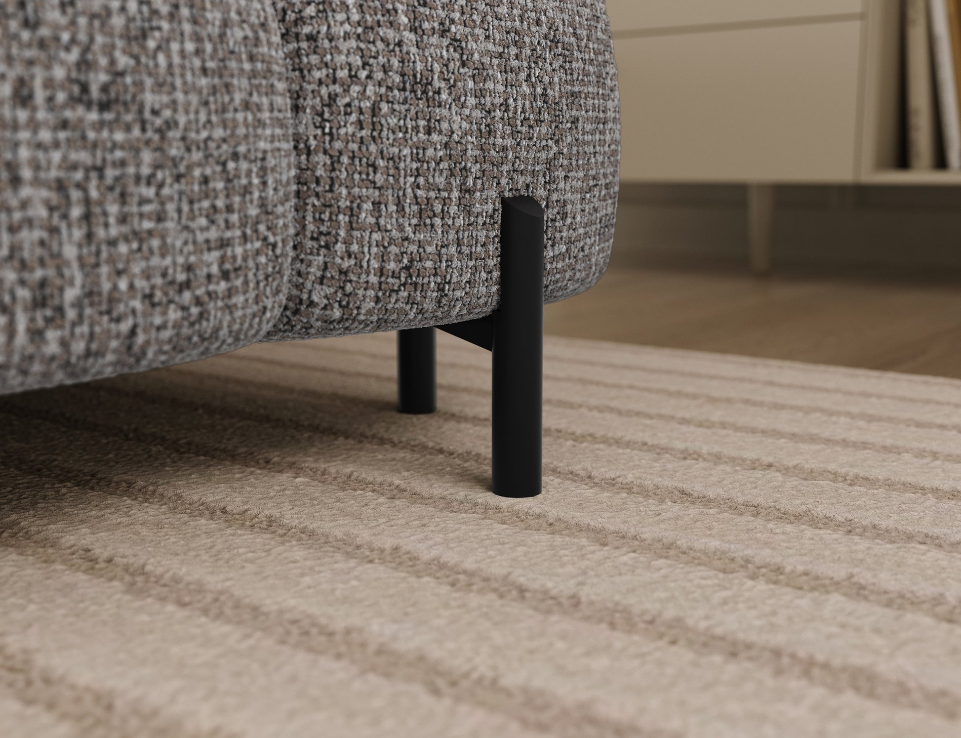 Metalowa noga narożnika Feraria lewy w tkaninie Pellerito 20 ciemnobeżowy – stabilne oparcie w minimalistycznej formie.