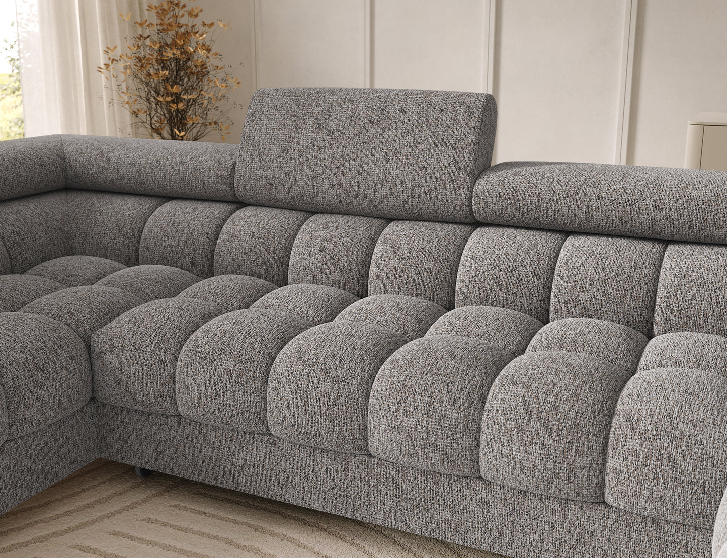 Oparcie narożnika Feraria lewy w tkaninie Pellerito 20 ciemnobeżowy – głębokie pikowania zapewniające wygodę i styl.