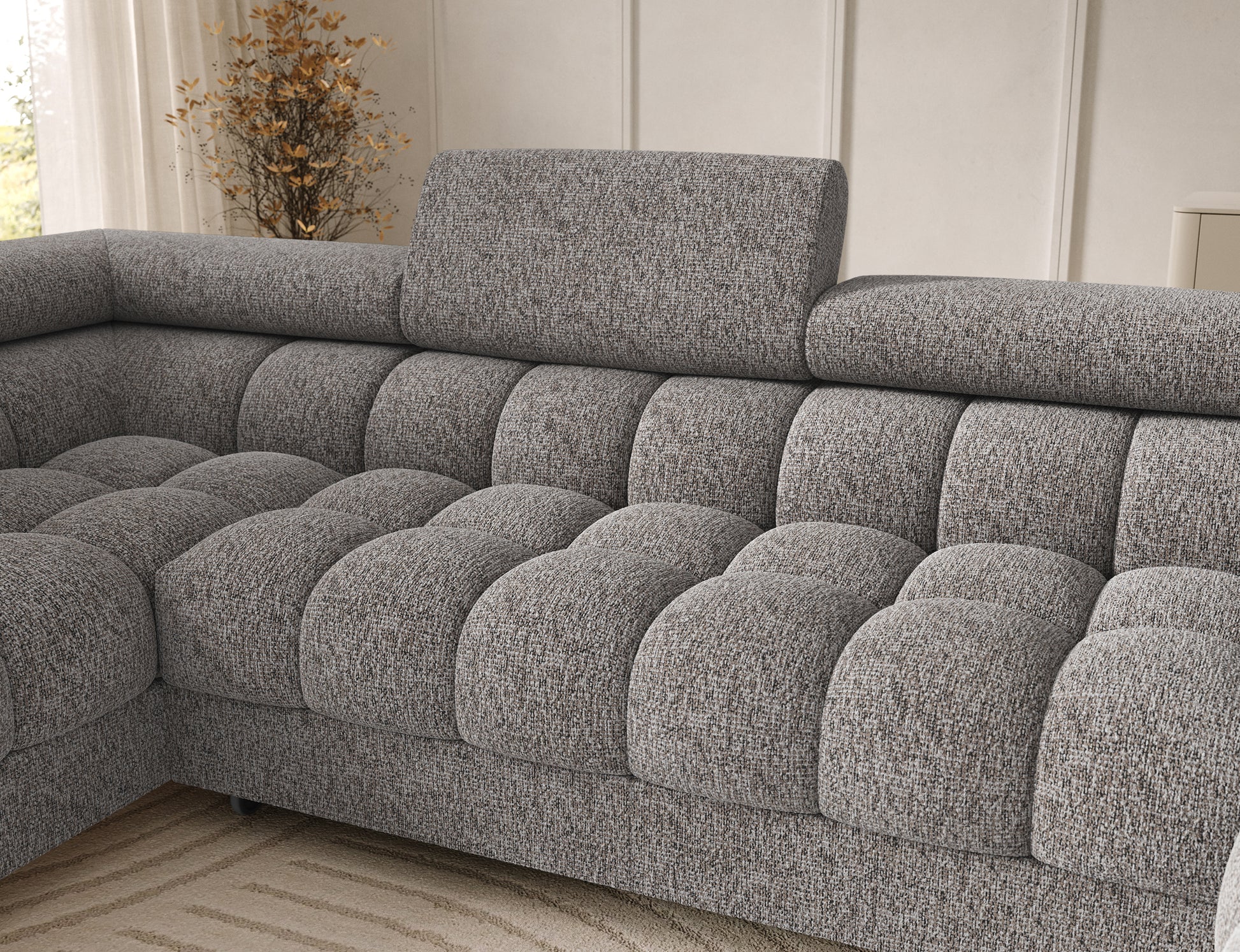 Oparcie narożnika Feraria lewy w tkaninie Pellerito 20 ciemnobeżowy – głębokie pikowania zapewniające wygodę i styl.