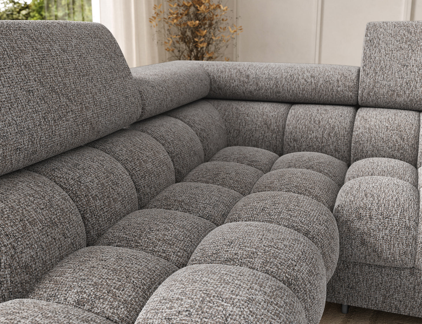 Siedzisko narożnika Feraria lewy w tkaninie Pellerito 20 ciemnobeżowy – miękkie, tapicerowane powierzchnie o luksusowym charakterze.