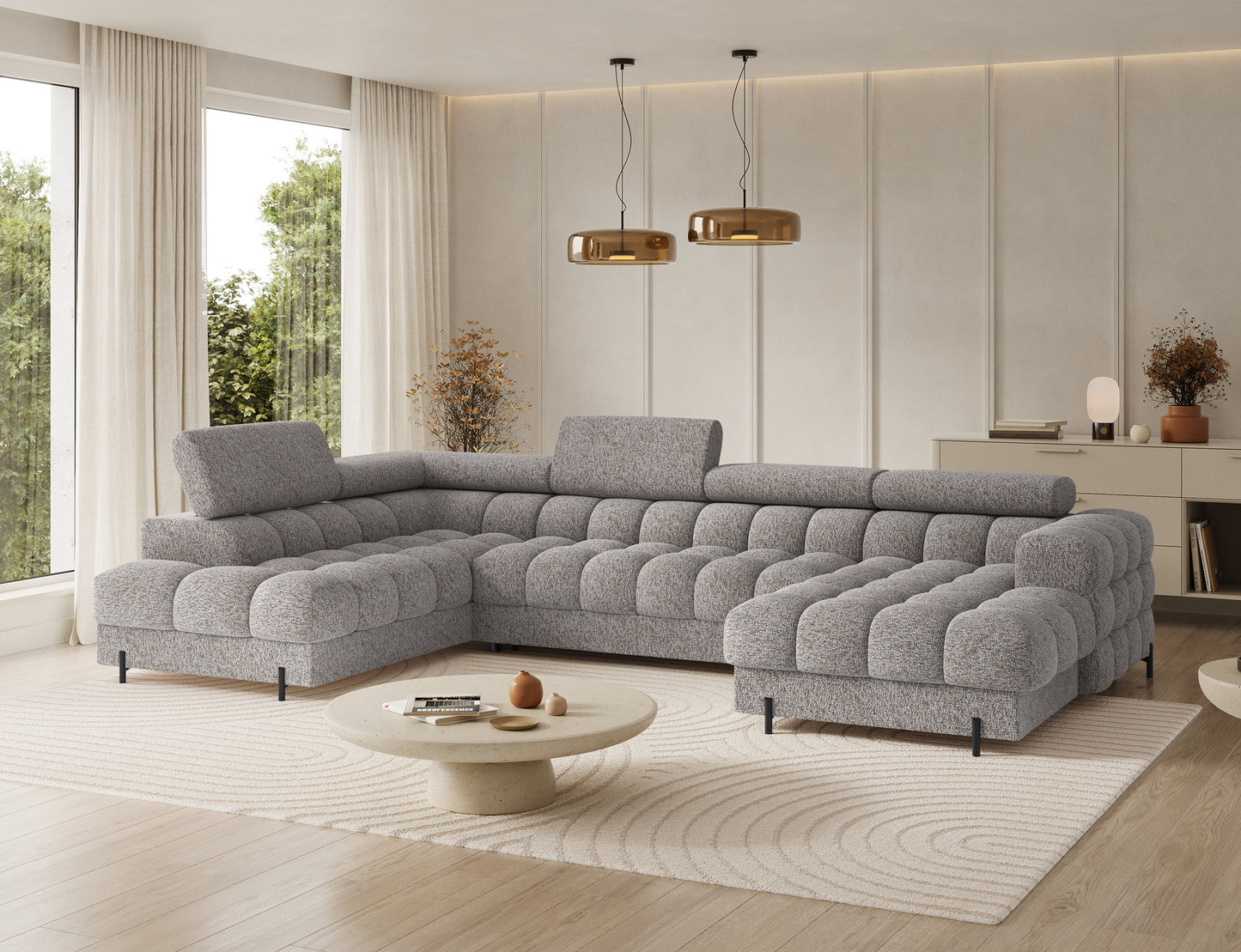 Narożnik Feraria lewy w tkaninie Pellerito 20 ciemnobeżowy – perspektywa narożna, ukazująca miękką tapicerkę i geometryczne pikowania.