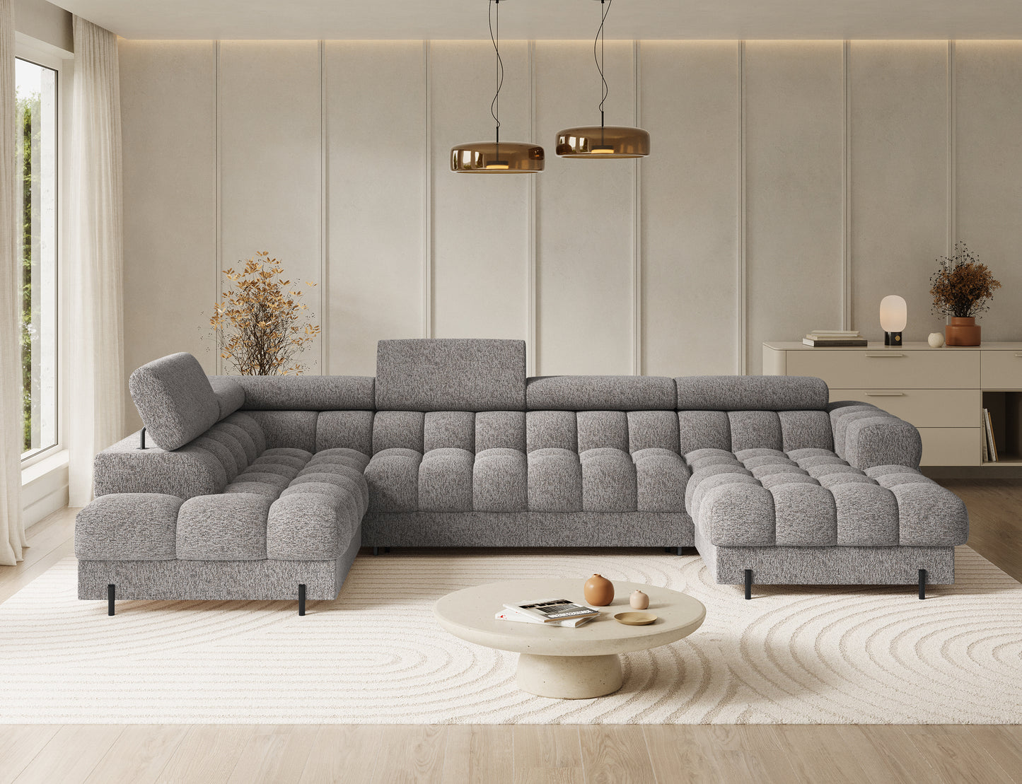 Narożnik Feraria lewy w tkaninie Pellerito 20 ciemnobeżowy – frontowy kadr podkreślający symetrię i solidną konstrukcję.