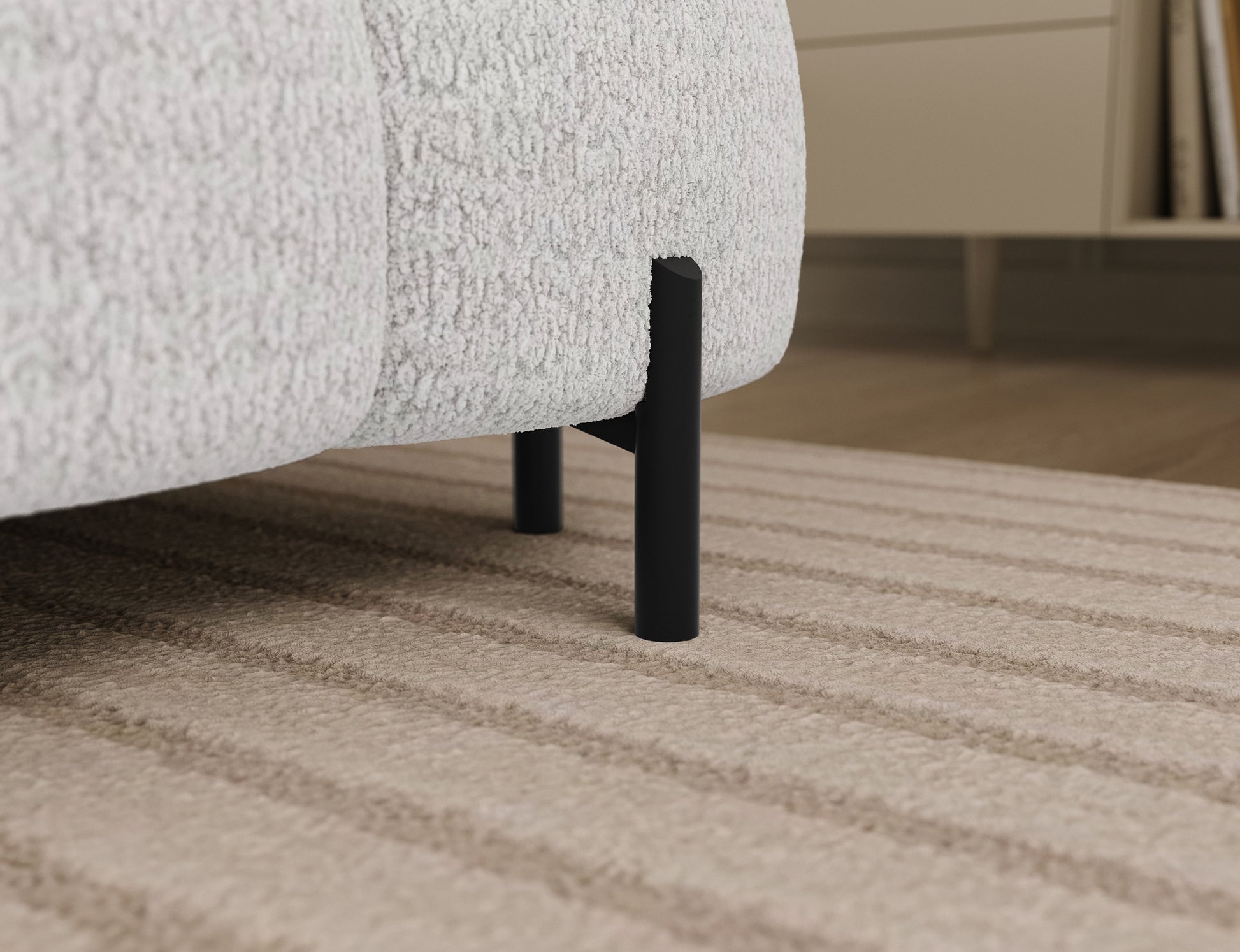 Metalowa noga narożnika Feraria lewy w tkaninie Royal 01 biały – stabilna i trwała podstawa w minimalistycznym, nowoczesnym designie.