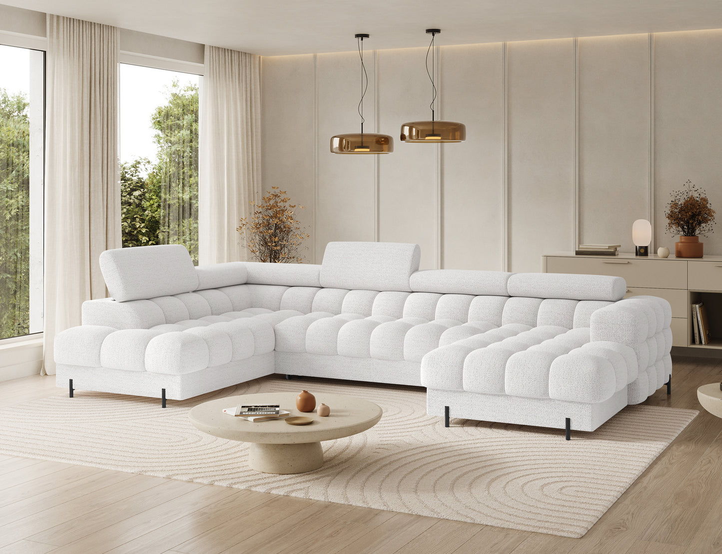 Narożnik Feraria lewy Royal 01 biały – widok pod kątem, elegancka sofa modułowa z miękką tapicerką i stylowym wykończeniem.