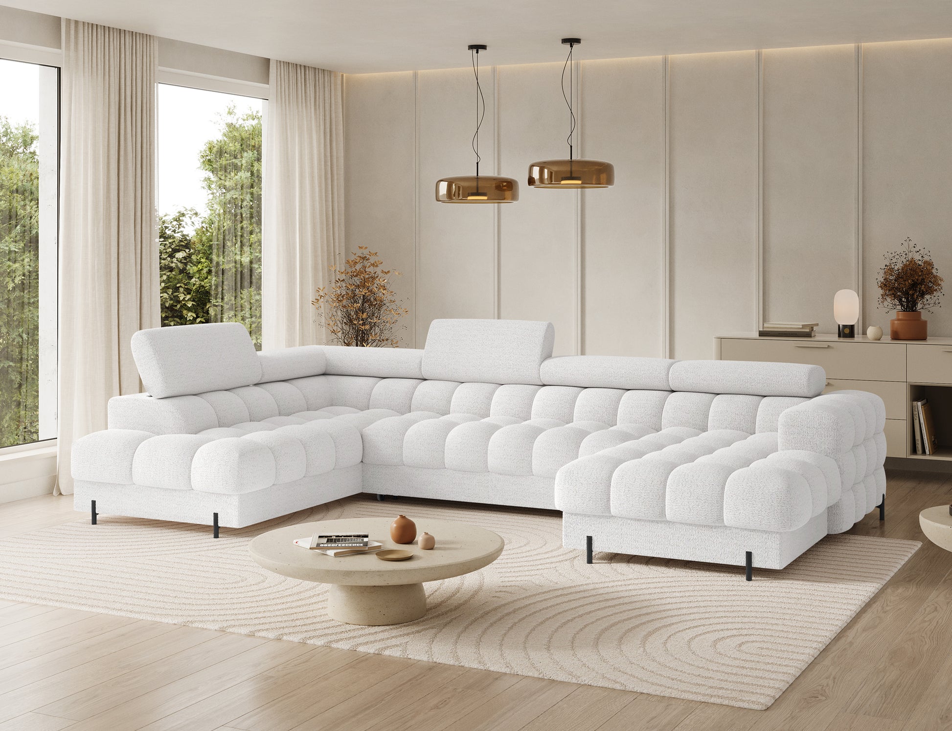 Narożnik Feraria lewy Royal 01 biały – widok pod kątem, elegancka sofa modułowa z miękką tapicerką i stylowym wykończeniem.