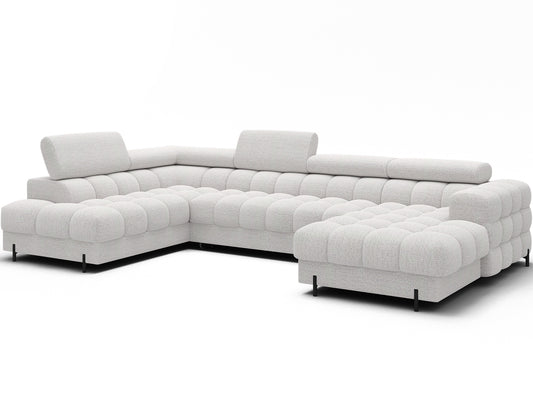 Narożnik Feraria lewy w tkaninie Royal 01 biały – elegancki narożnik w układzie U z pikowanym siedziskiem i nowoczesnym designem.