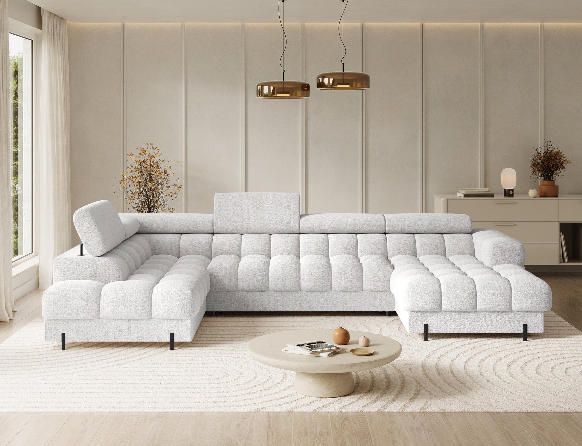 Narożnik Feraria lewy Royal 01 biały – frontowy widok narożnika U-Form z regulowanymi zagłówkami i głębokim siedziskiem.