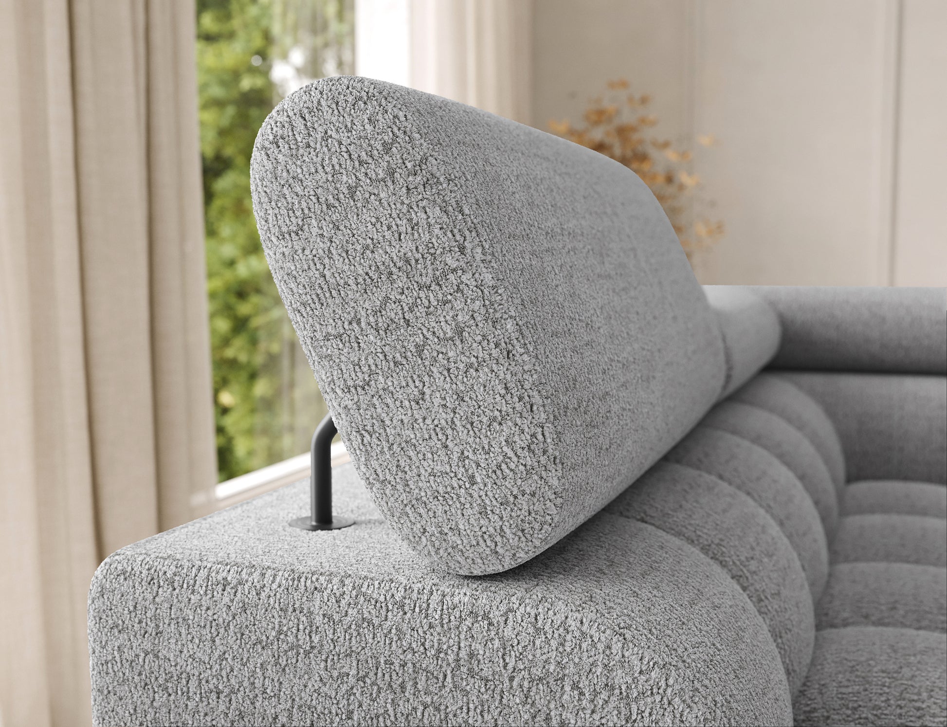 Zagłówek narożnika Feraria lewy w tkaninie Royal 03 jasnoszary – regulowany element zapewniający komfort i nowoczesny charakter mebla.