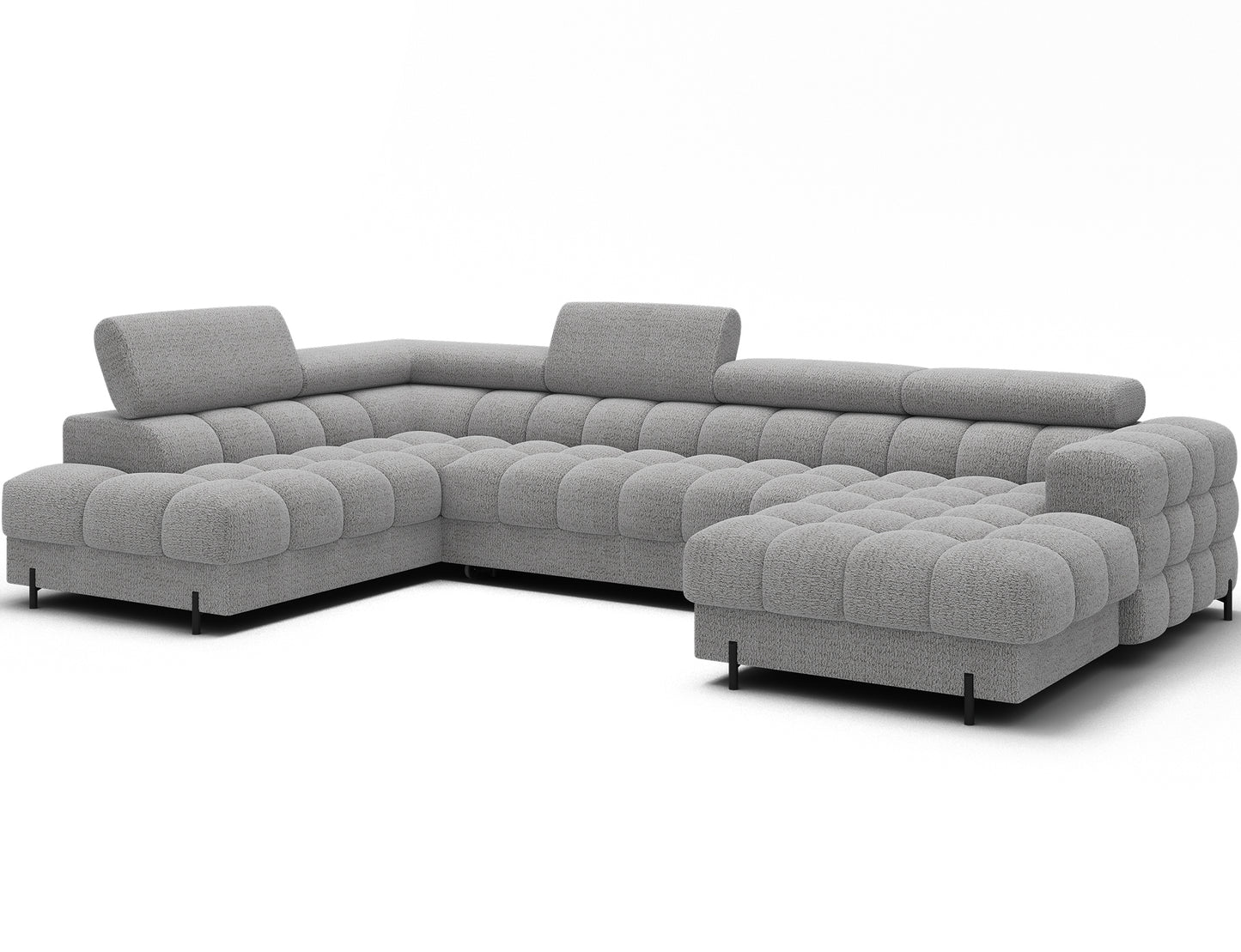 Narożnik Feraria U-Form lewy w tkaninie Royal 03 jasnoszary – nowoczesna sofa w ujęciu skośnym, z regulowanymi zagłówkami i eleganckimi pikowaniami.