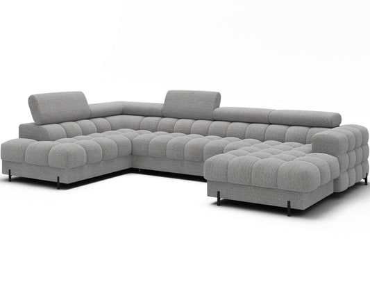 Narożnik Feraria U-Form lewy w tkaninie Royal 03 jasny srebrny – nowoczesna sofa w ujęciu skośnym, z regulowanymi zagłówkami i eleganckimi pikowaniami.