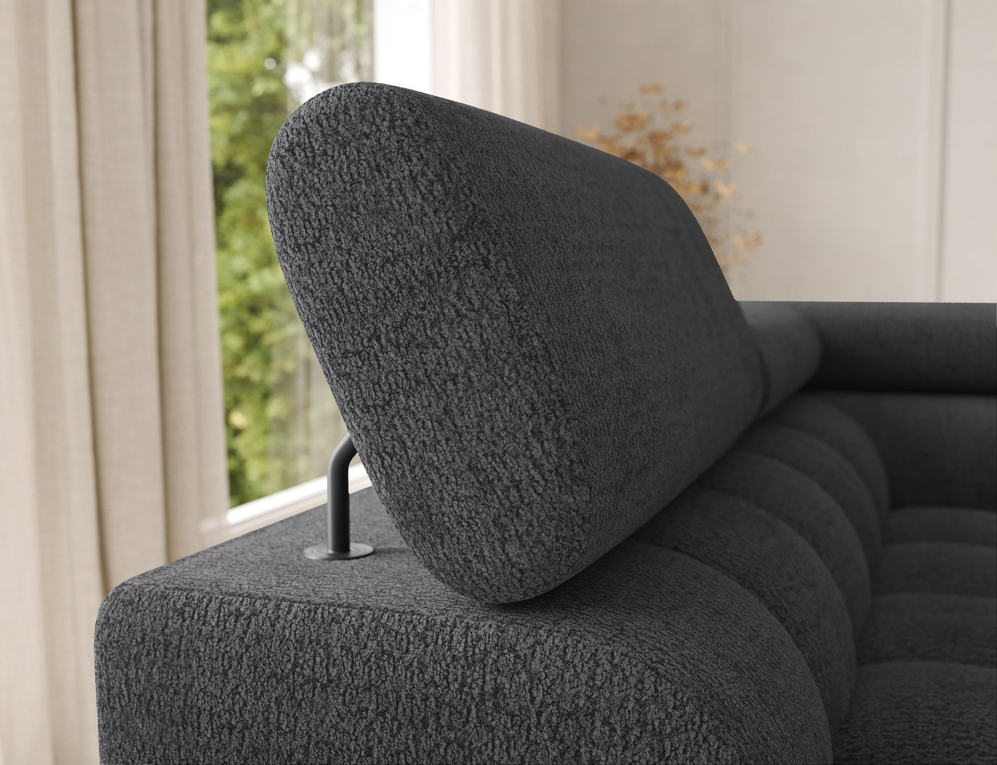 Zagłówek narożnika Feraria lewy w tkaninie Royal 05 ciemnoszary – regulowany element wspierający wygodę użytkownika i nowoczesny design.