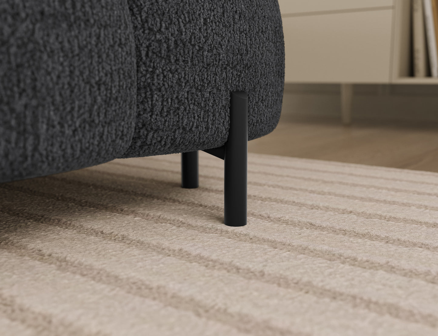 Metalowa noga narożnika Feraria lewy w tkaninie Royal 05 ciemnoszary – stabilna podstawa w minimalistycznym i nowoczesnym stylu.