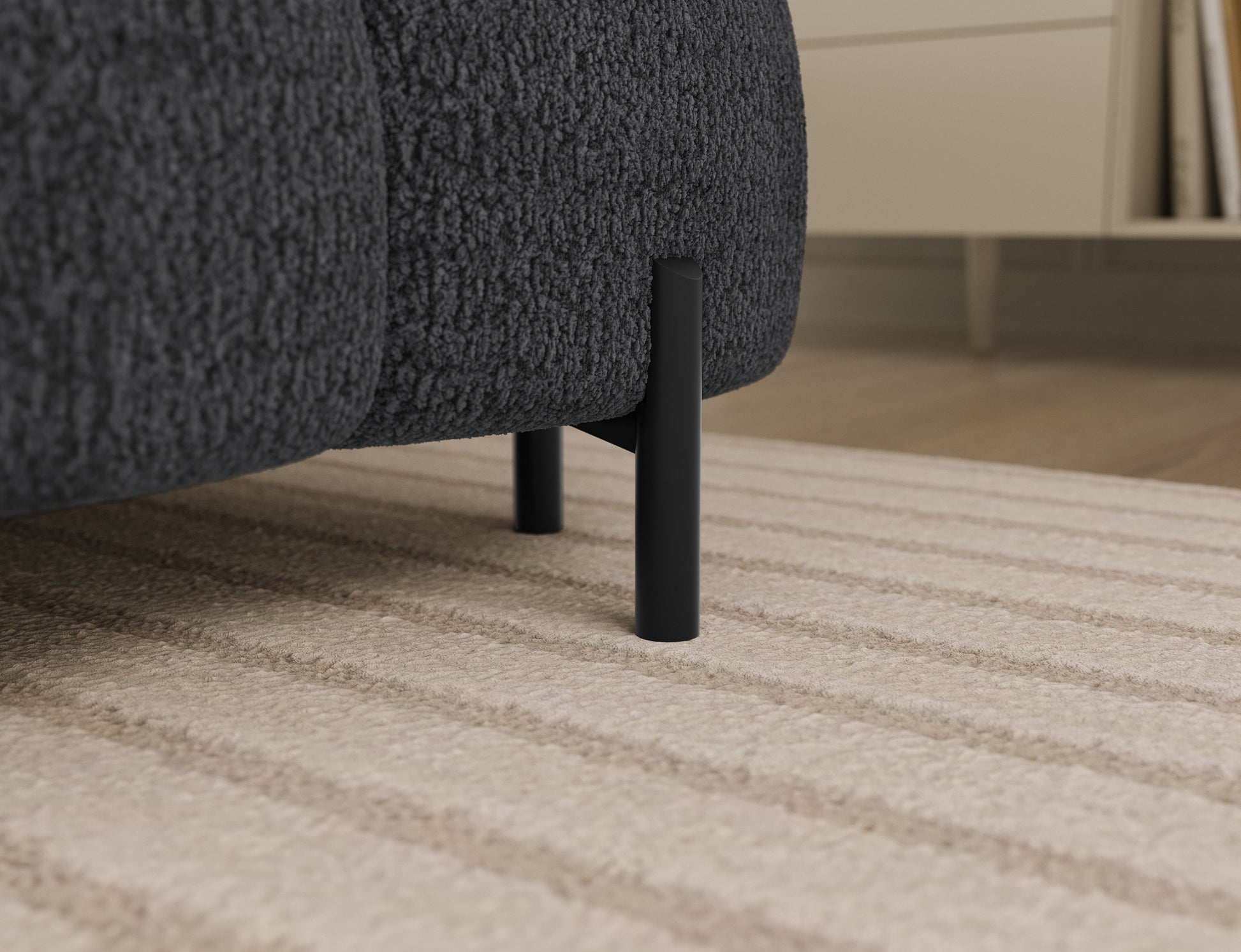 Metalowa noga narożnika Feraria lewy w tkaninie Royal 05 ciemnoszary – stabilna podstawa w minimalistycznym i nowoczesnym stylu.