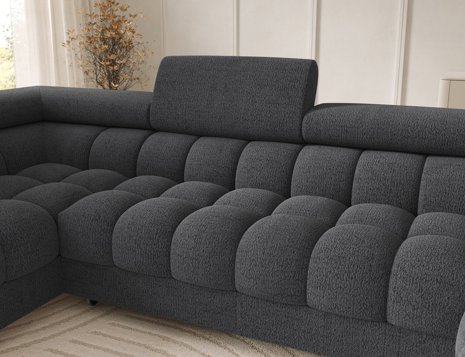 Oparcie narożnika Feraria lewy w tkaninie Royal 05 ciemnoszary – ergonomiczne wyprofilowanie i pikowania zwiększające komfort użytkowania.