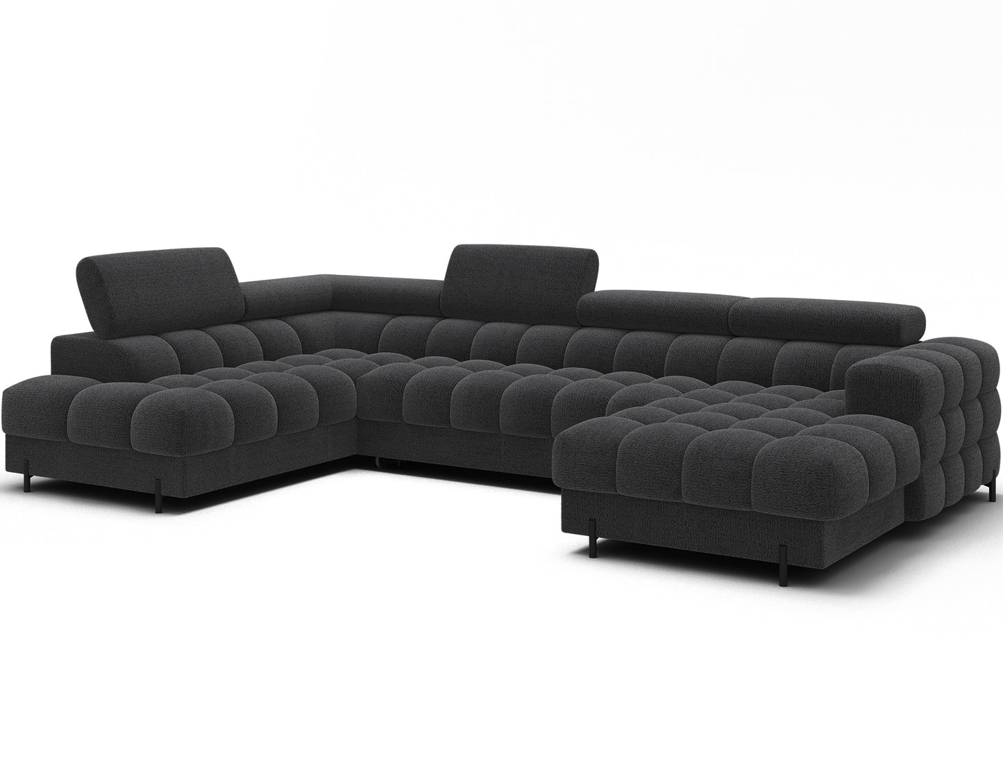 Narożnik Feraria lewy w tkaninie Royal 05 ciemnoszary – elegancki narożnik U-Form w ujęciu skośnym, nowoczesna stylistyka i głębokie pikowania.