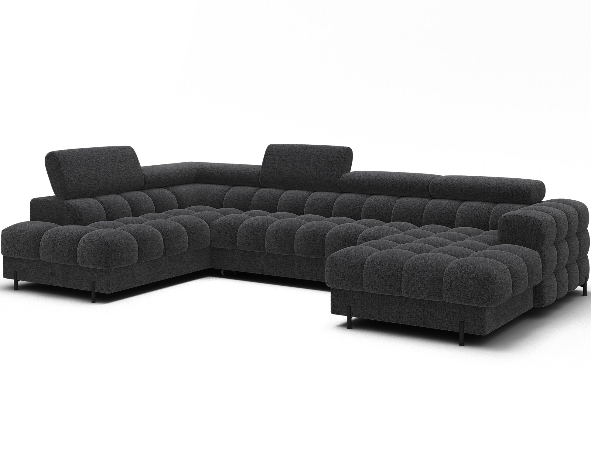 Narożnik Feraria lewy w tkaninie Royal 05 ciemnoszary – elegancki narożnik U-Form w ujęciu skośnym, nowoczesna stylistyka i głębokie pikowania.