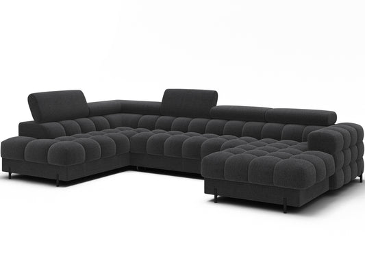 Narożnik Feraria lewy w tkaninie Royal 05 ciemnoszary – elegancki narożnik U-Form w ujęciu skośnym, nowoczesna stylistyka i głębokie pikowania.