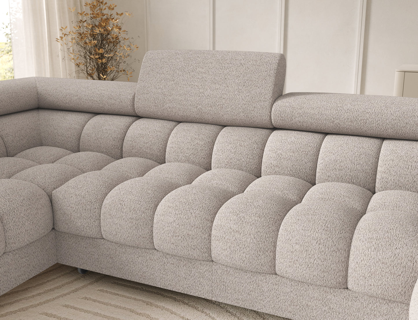 Zbliżenie na oparcie narożnika Feraria U-Form prawy w tkaninie Royal 18 jasnobeżowy – miękkie pikowania i wysoki komfort.