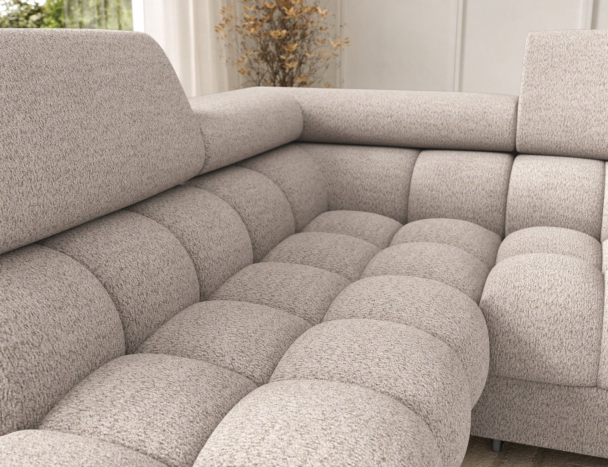 Widok siedziska narożnika Feraria prawy w tkaninie Royal 18 jasnobeżowy – tapicerowane wykończenie i komfortowe podparcie pleców.