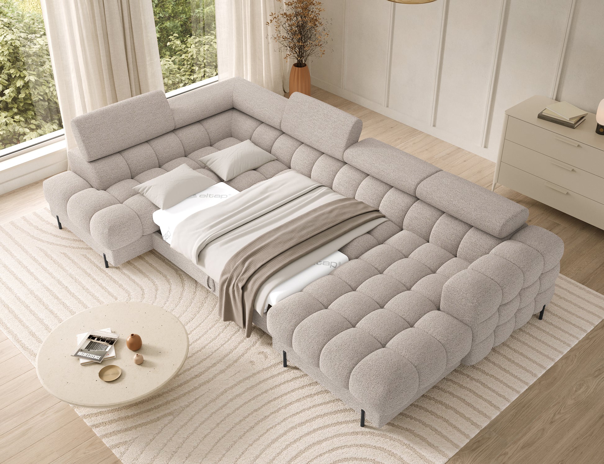 Narożnik Feraria U-Form lewyw tkaninie Royal 18 jasnobeżowy rozłożony do spania – elegancki narożnik z funkcją łóżka i wygodnym posłaniem.