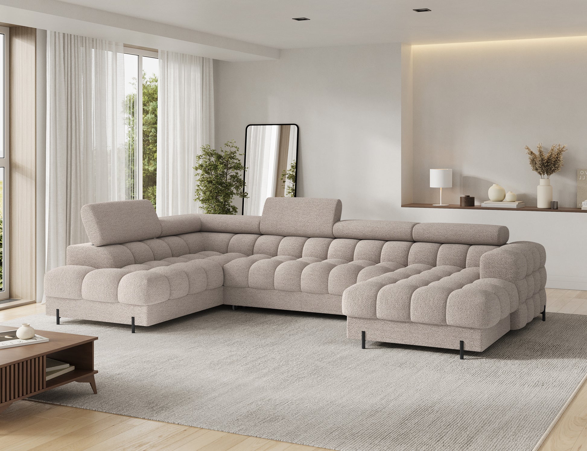 Jasnobeżowy narożnik Feraria prawy w tkaninie Royal 18, nowoczesny design z regulowanymi zagłówkami – komfortowy narożnik do salonu.