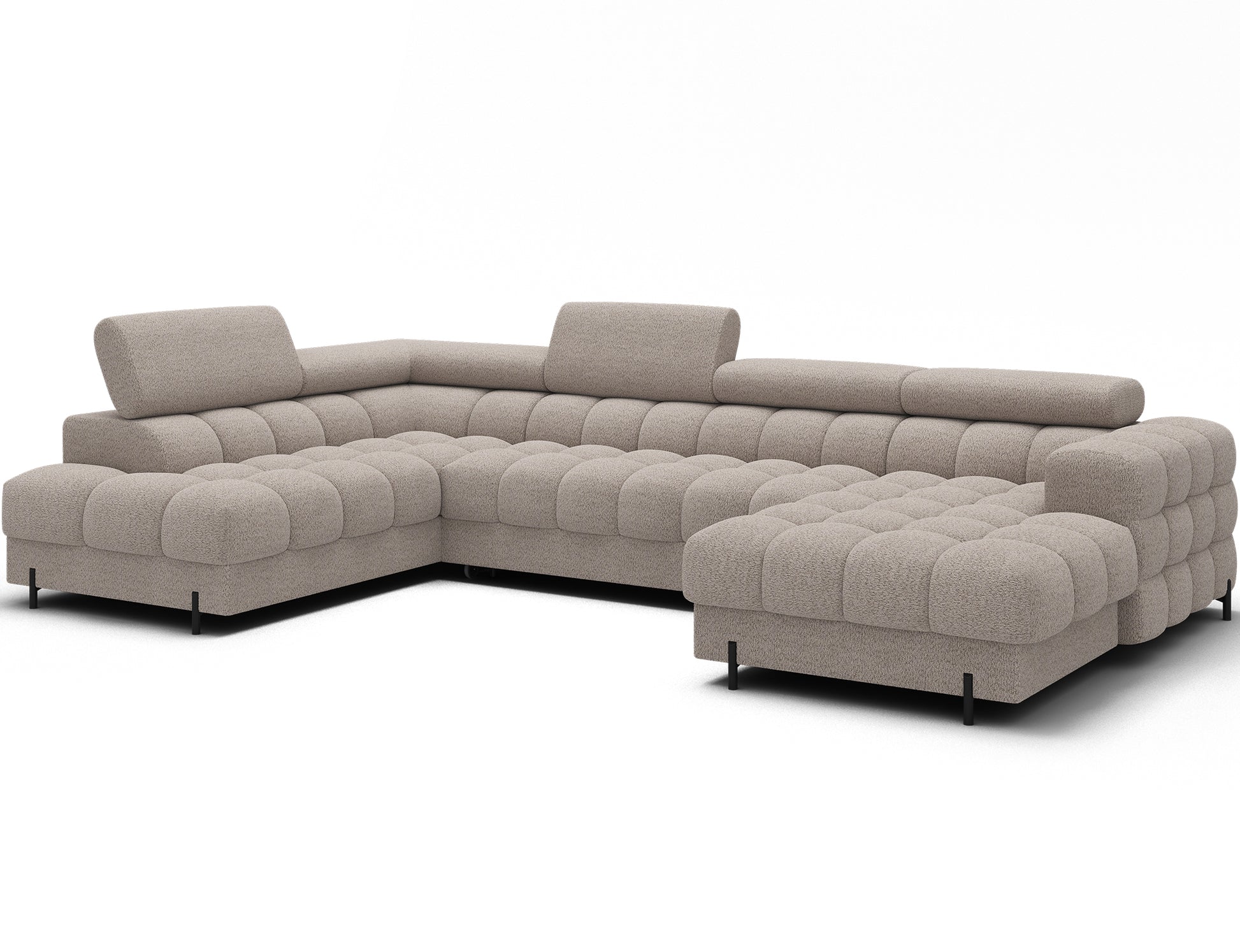 Narożnik Feraria U-Form prawy w tkaninie Royal 18 jasnobeżowy, widok skośny – elegancki narożnik do salonu z funkcją spania.