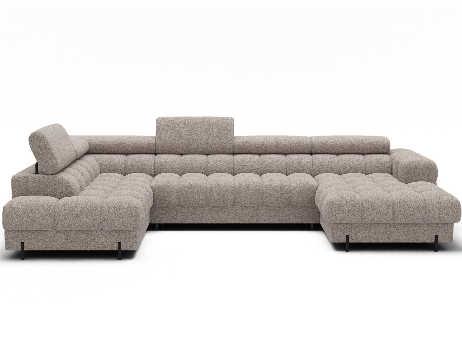 Narożnik Feraria U-Form w tkaninie Royal 18 jasnobeżowy, widok od przodu – nowoczesny narożnik z tapicerowanym tyłem i funkcją spania.