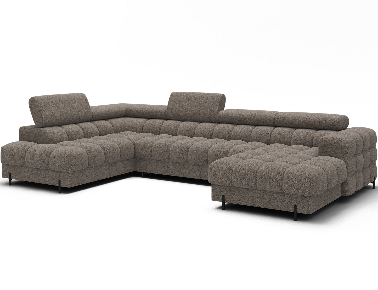 Narożnik Feraria U-Form lewy w tkaninie Royal 20 beżowy, widok skośny – elegancki narożnik do salonu z funkcją spania i pojemnikiem.