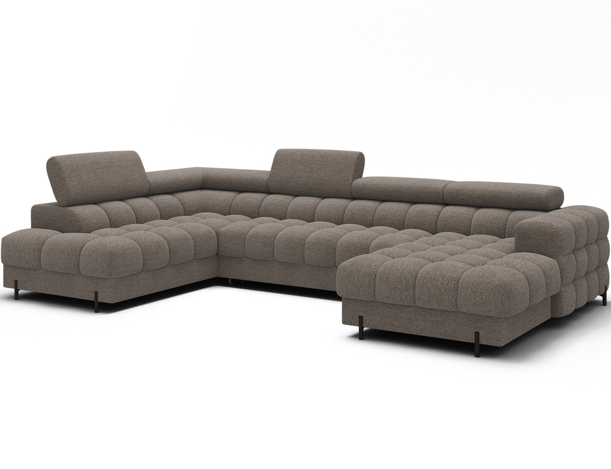 Narożnik Feraria U-Form lewy w tkaninie Royal 20 beżowy, widok skośny – elegancki narożnik do salonu z funkcją spania i pojemnikiem.