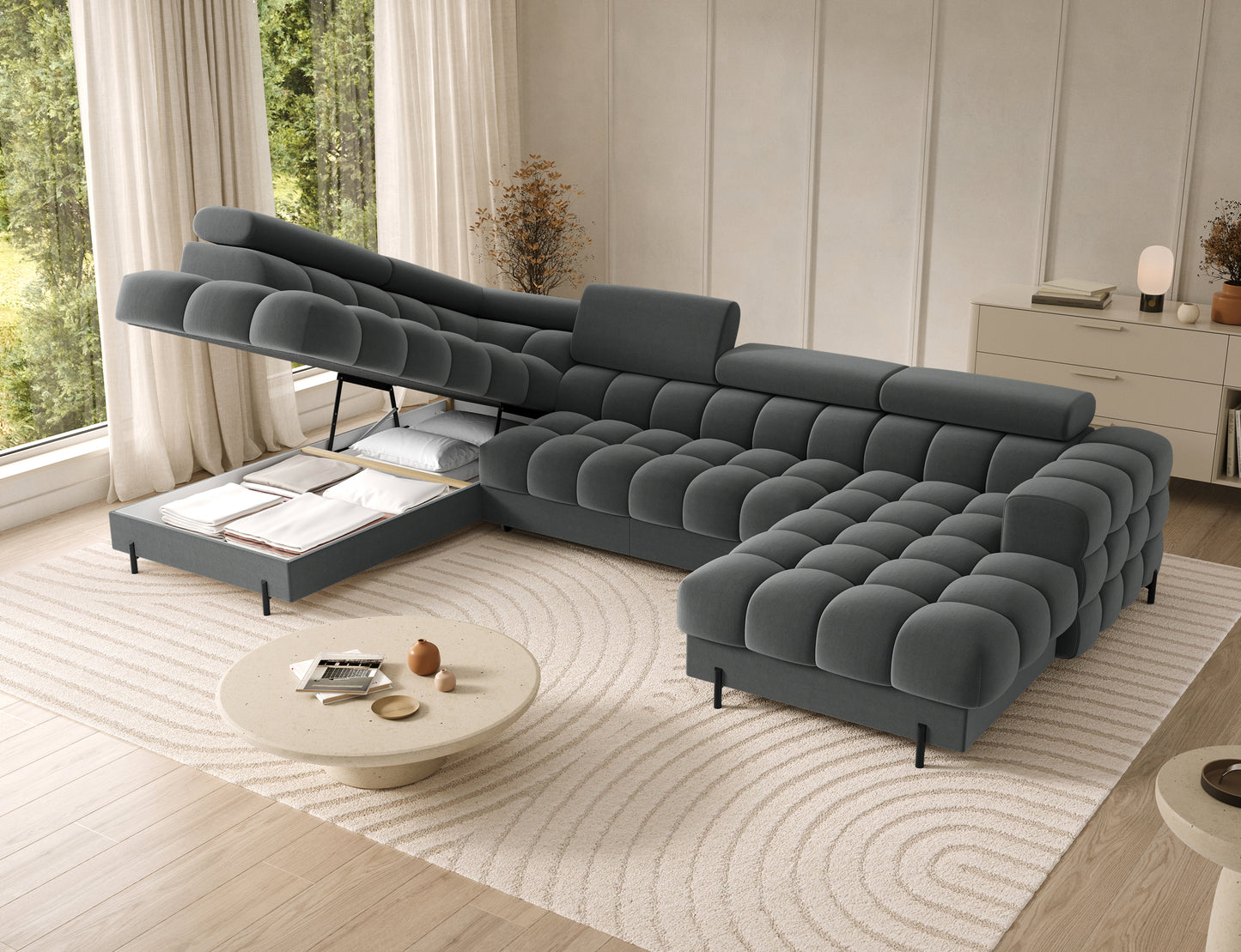 Pojemny schowek w narożniku Feraria lewym. Szara tkanina Sola 06 łączy styl z praktycznością, oferując dodatkowe miejsce na pościel.