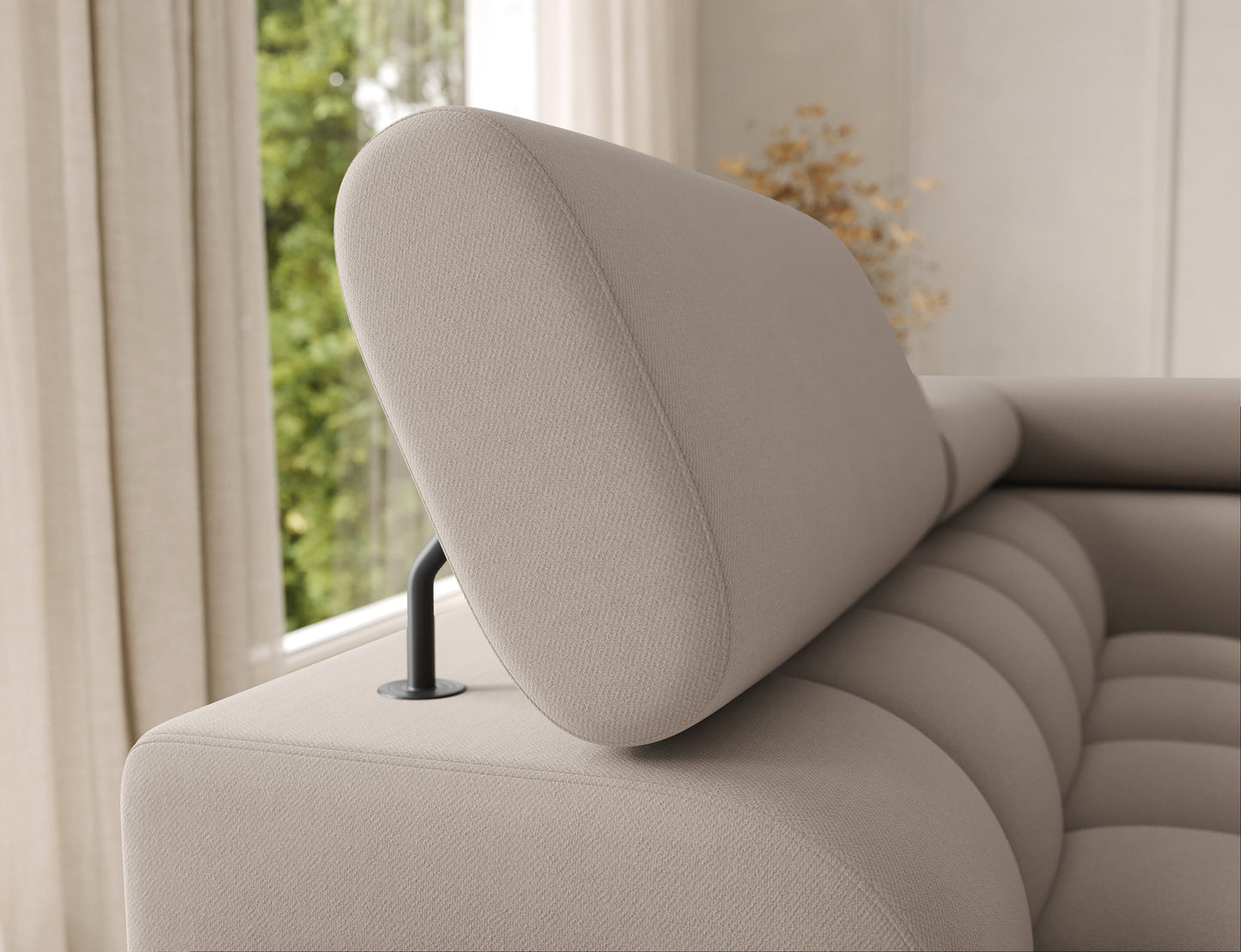 Regulowany zagłówek narożnika Feraria lewy Sola 18 beżowy – komfort wypoczynku i elegancki detal pasujący do nowoczesnego salonu